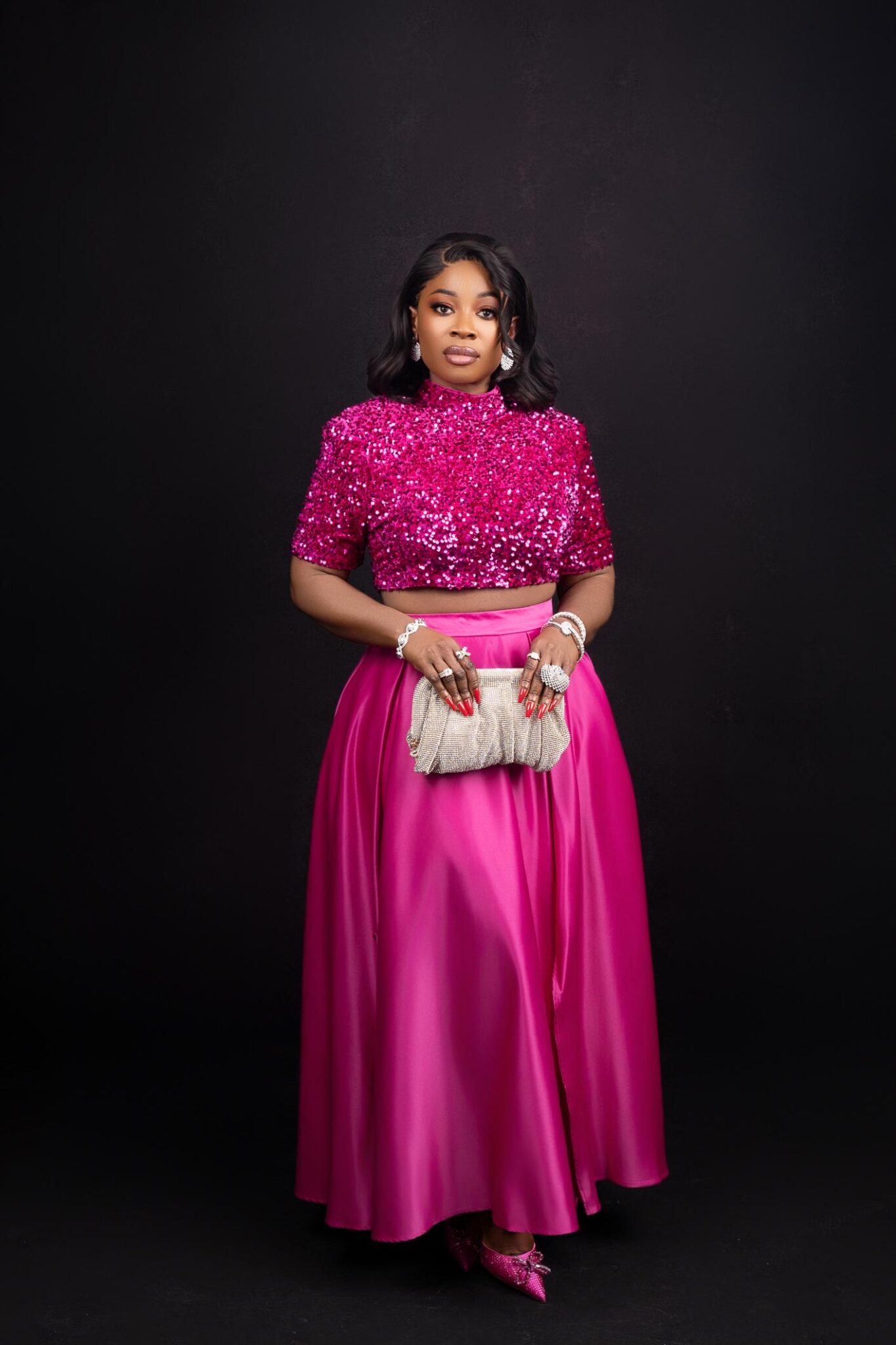 Seraphina Two piece Sets Fuchsia Sequin Bow Back with Sleeves